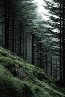 A forest with tall trees and grass photo