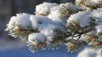 A pine tree branch covered in snow photo