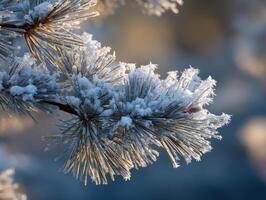 A close up of snow covered pine branches photo