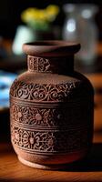 A brown vase sitting on a table photo