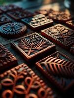 A collection of wooden coasters with designs on them photo