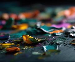 A close up of a painting with paint splatters photo