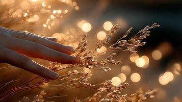 A hand reaching out to touch a plant in front of a bright light photo