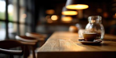 Coffee cup on wooden table with light bulbs photo