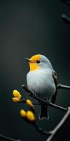 A small white and yellow bird is sitting on a branch photo