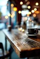 A coffee cup sits on a wooden table in a restaurant photo