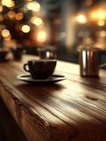 Coffee cups and saucers on a wooden table photo