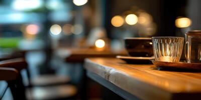 Coffee cups and a candle sit on a table photo