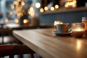 A table with two cups of coffee and a candle on it photo