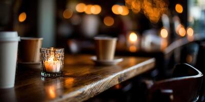 A table with a candle and coffee cups on it photo