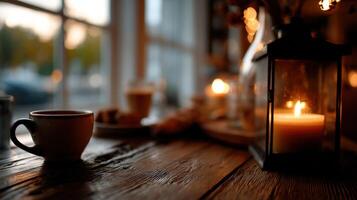 A cup of coffee and a candle sit on a wooden table photo