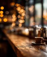 Coffee cup on wooden table with bokeh lights photo