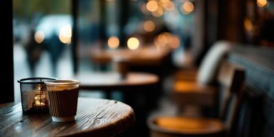 Coffee cup on wooden table in front of a window photo
