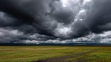 A large field with grass and a dirt road under a dark sky photo