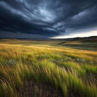 A stormy sky over a grassy plain with tall grass photo