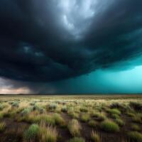 A storm clouds over the desert with grass and trees photo