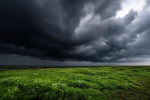 A large field with green grass and dark clouds photo