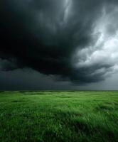 A large green field with dark clouds over it photo