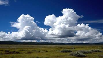 A large field with some clouds in the sky photo