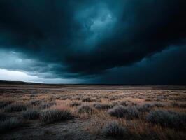 A stormy sky over a field with grass and dry grass photo