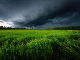 A stormy sky over a green field with tall grass photo