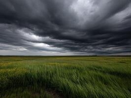 A field with grass and clouds under a dark sky photo