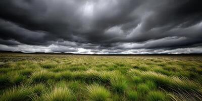 A field with grass and dark clouds photo