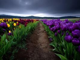 A dirt path leads to a field of purple and yellow tulips photo