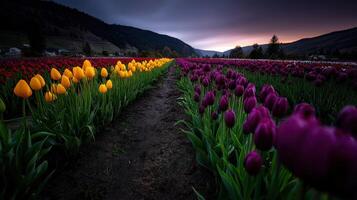 A field of tulips is shown in the dark photo