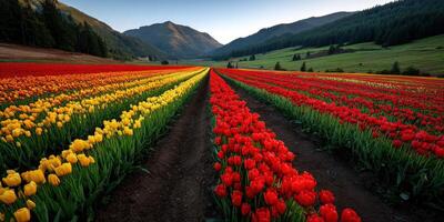 A field of red and yellow tulips in the mountains photo