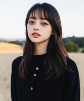 A young woman with long hair standing in a field photo