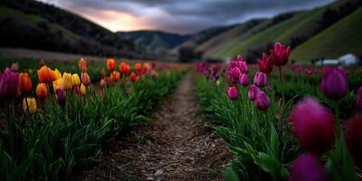 A field of tulips with a dark sky behind them photo