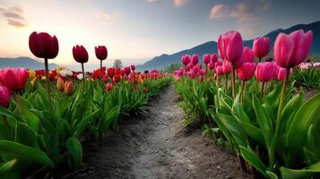 A path leads to a field of pink tulips photo