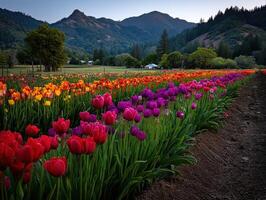 A field of colorful tulips in front of a mountain photo