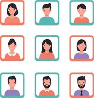 Diverse group of nine people avatars in colorful frames illustration vector