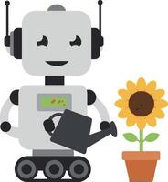 Robot watering potted sunflower flower in simple illustration design vector