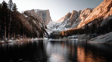 A mountain lake surrounded by trees and snow photo