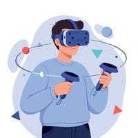 Man wearing virtual reality headset playing with controllers in immersive environment illustration vector