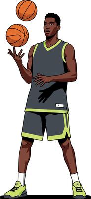 Basketball player juggling two basketballs in athletic gear illustration