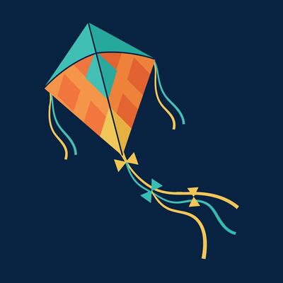 Colorful kite flying in dark blue sky with orange and teal design illustration