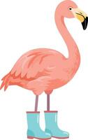 Pink flamingo standing wearing blue boots illustration in simple style vector