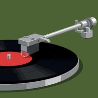 Vinyl record player turntable with tonearm and red label on green background illustration vector