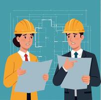 Two engineers discussing blueprint in hard hats construction planning illustration vector
