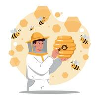 Beekeeper harvesting honey from beehive with bees and honeycombs illustration vector