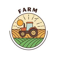 Farm tractor logo design with sun and fields in circular badge style illustration vector