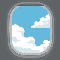 Airplane window view with blue sky and white clouds illustration vector