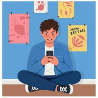 Young man sitting on floor using smartphone with colorful wall art background illustration vector