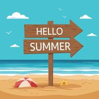 Summer beach wooden signpost with hello summer text and ocean waves background illustration vector