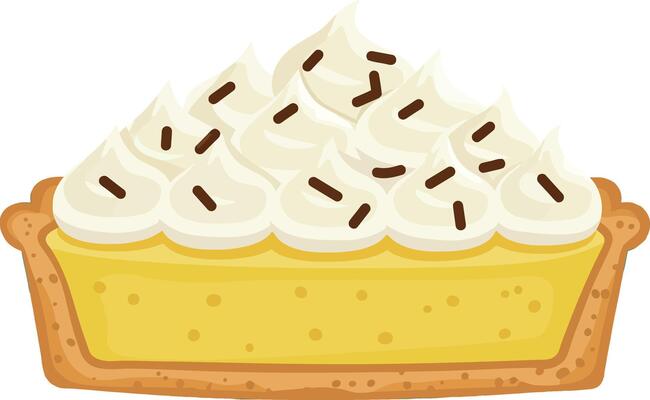 Lemon meringue pie slice with whipped cream and chocolate sprinkles illustration