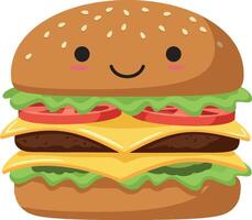 Cute cheeseburger with smiling face illustration with lettuce and tomato vector